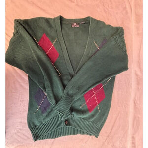 Vtg ARGYLE Knit Cardigan Sweater MEDIUM Vintage Grandpa Relaxed Green red